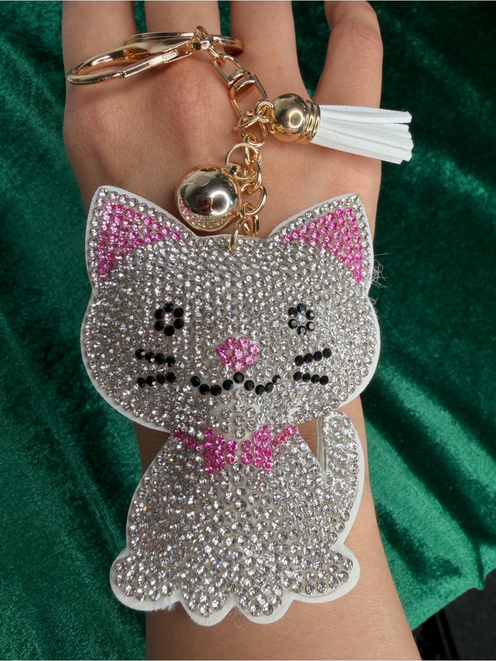 Crystal Cat Keychain Charm - White & Pink Rhinestone Pet Accessory